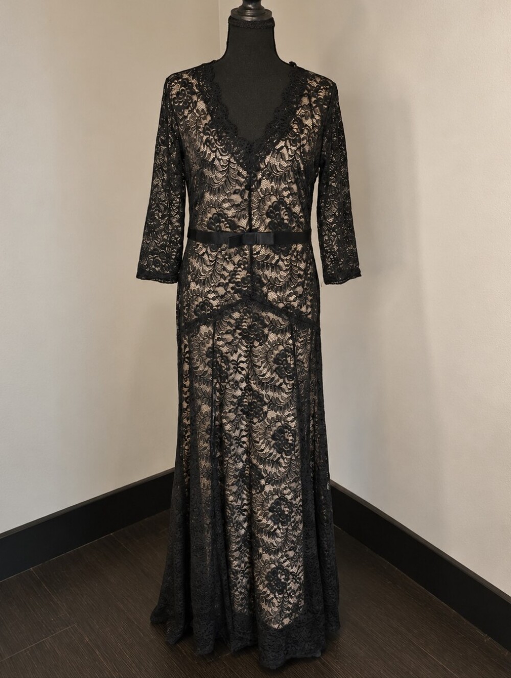 Miusol Black Lace Long Sleeve Evening Gown with Nude Lining